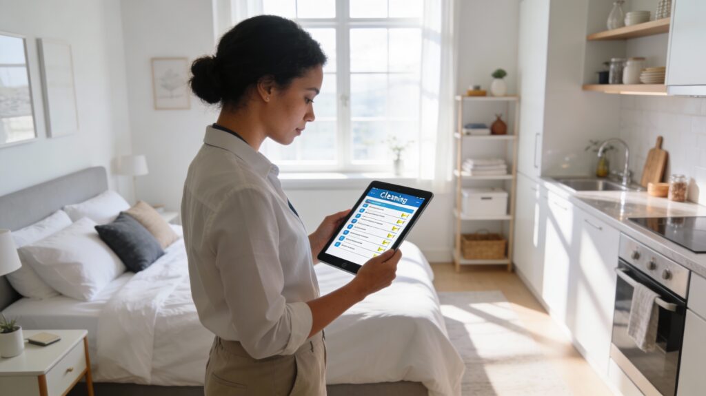 Airbnb host reviewing cleaning checklist on tablet in bright, organized vacation rental bedroom