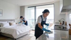 Modern short-term rental host checking digital cleaning checklist beside freshly made bed
