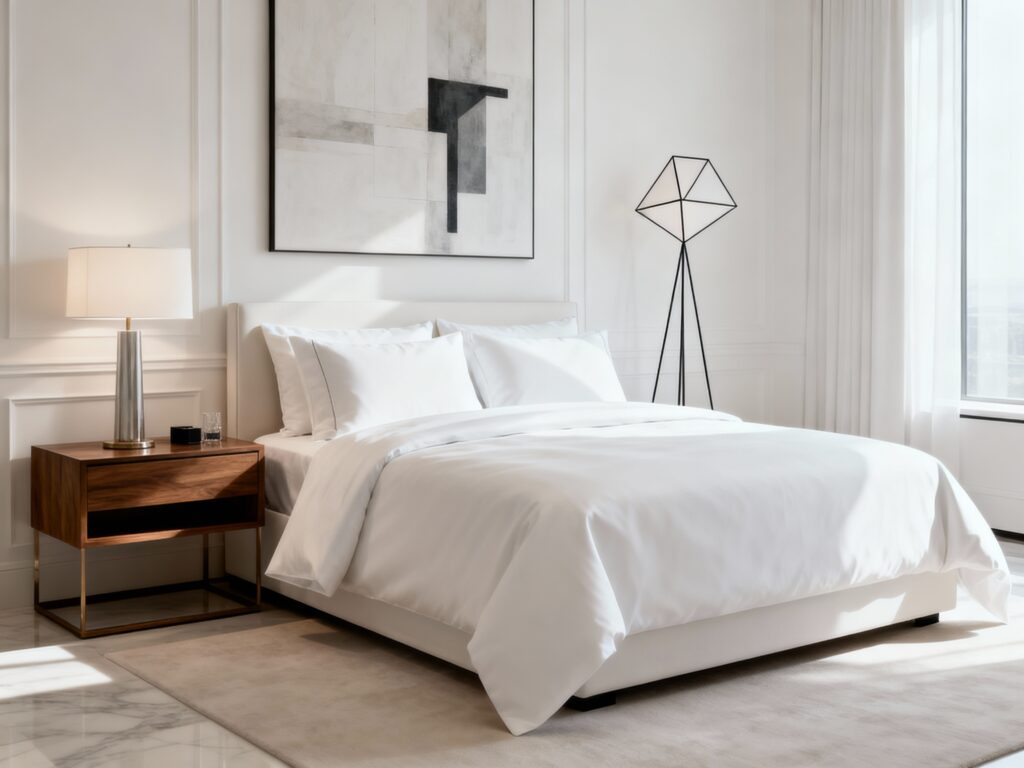 Modern well-lit Airbnb bedroom with crisp white sheets, neatly arranged pillows, spotless surfaces, and soft natural light through large windows.