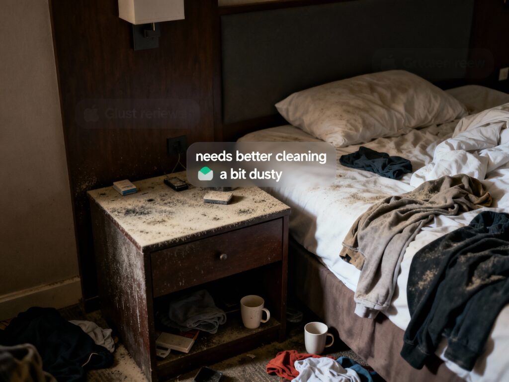 Airbnb bedroom with moderate dust, rumpled bed, scattered items, moody lighting, and subtle negative review overlays.
