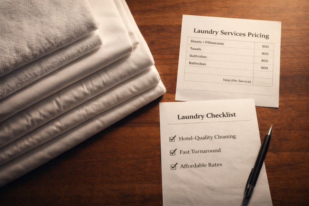 Neatly folded linens and laundry documents